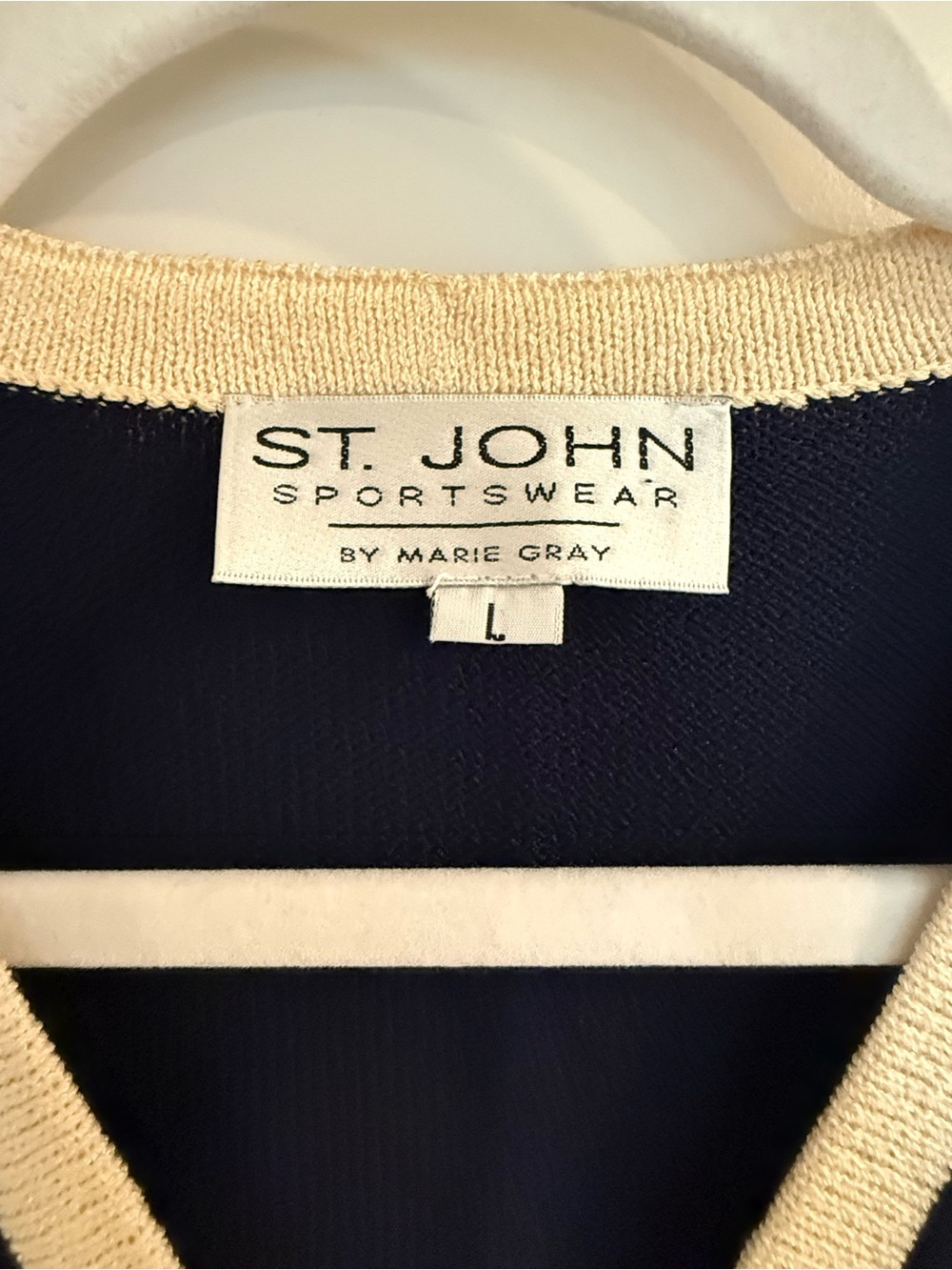St. John Navy V-Neck Wrap-Style Sweater with Cream Trim Accents - Picture 3 of 9